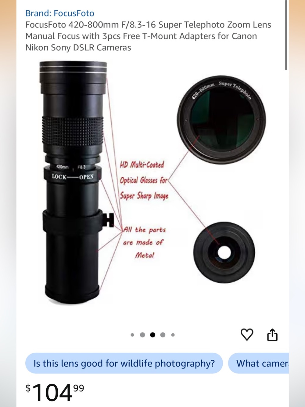 420-800mm Super Telephoto Zoom Lens w/ T-Mount Adapter Manual Focus Camera Lens - Picture 8 of 8